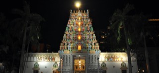 Sri Thendayuthapani Temple exterior at night
